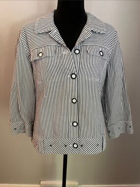 Striped Button Front Navy and White Seersucker Jacket .